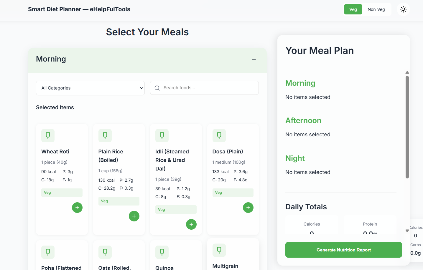 Guide to Using the Diet Planner Tool